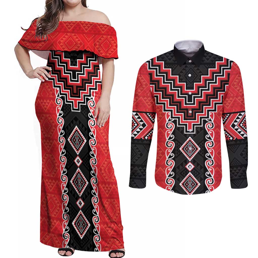 Red Niho Taniwha Mix Poutama Couples Matching Off Shoulder Maxi Dress and Long Sleeve Button Shirt Unique Taniko Aotearoa LT01 Red - Polynesian Pride