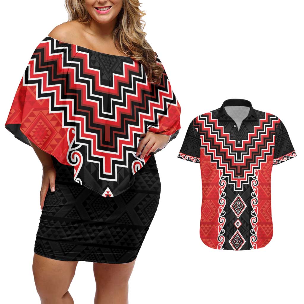 Red Niho Taniwha Mix Poutama Couples Matching Off Shoulder Short Dress and Hawaiian Shirt Unique Taniko Aotearoa LT01 Red - Polynesian Pride