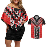 Red Niho Taniwha Mix Poutama Couples Matching Off Shoulder Short Dress and Hawaiian Shirt Unique Taniko Aotearoa LT01 Red - Polynesian Pride