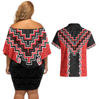 Red Niho Taniwha Mix Poutama Couples Matching Off Shoulder Short Dress and Hawaiian Shirt Unique Taniko Aotearoa LT01 - Polynesian Pride