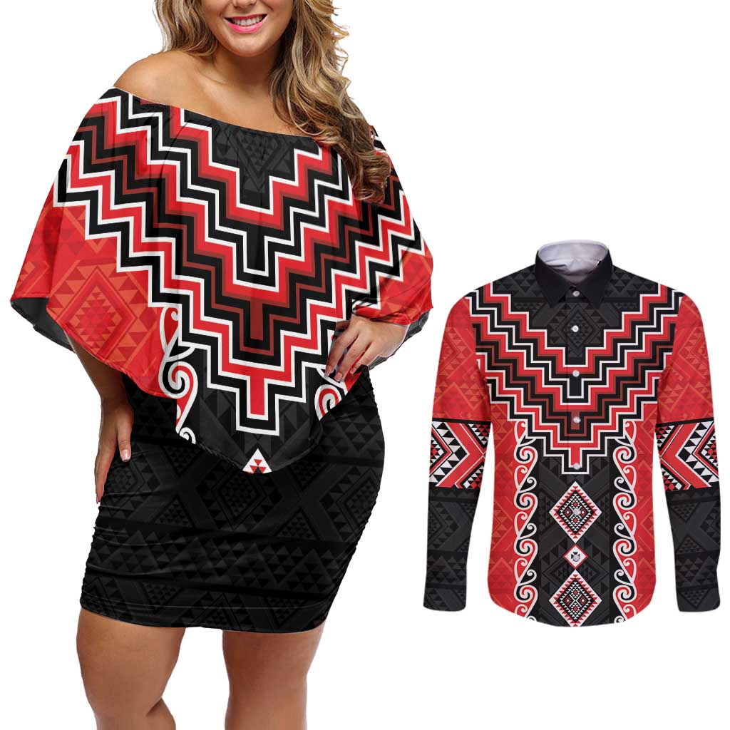 Red Niho Taniwha Mix Poutama Couples Matching Off Shoulder Short Dress and Long Sleeve Button Shirt Unique Taniko Aotearoa LT01 Red - Polynesian Pride