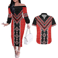 Red Niho Taniwha Mix Poutama Couples Matching Off The Shoulder Long Sleeve Dress and Hawaiian Shirt Unique Taniko Aotearoa LT01 Red - Polynesian Pride