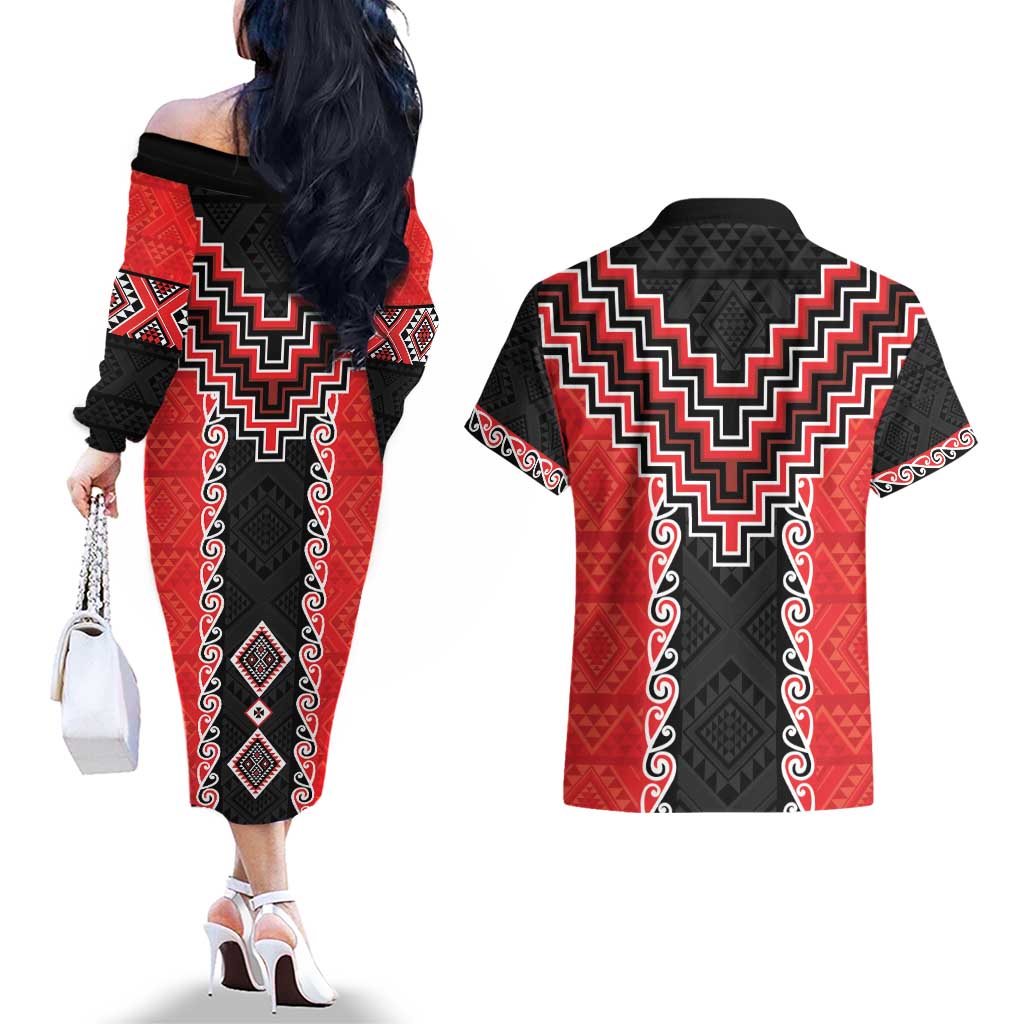 Red Niho Taniwha Mix Poutama Couples Matching Off The Shoulder Long Sleeve Dress and Hawaiian Shirt Unique Taniko Aotearoa LT01 - Polynesian Pride