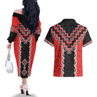 Red Niho Taniwha Mix Poutama Couples Matching Off The Shoulder Long Sleeve Dress and Hawaiian Shirt Unique Taniko Aotearoa LT01 - Polynesian Pride