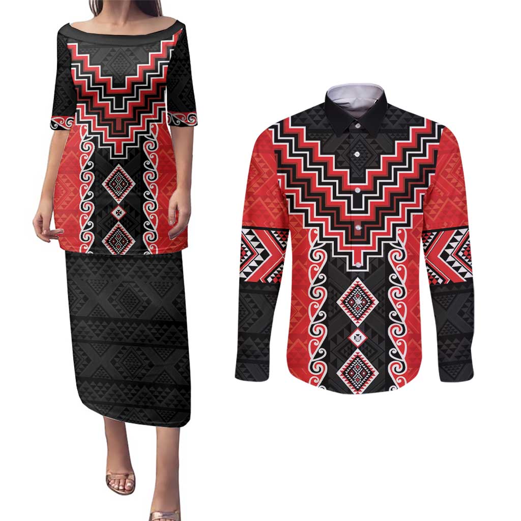 Red Niho Taniwha Mix Poutama Couples Matching Puletasi and Long Sleeve Button Shirt Unique Taniko Aotearoa LT01 Red - Polynesian Pride