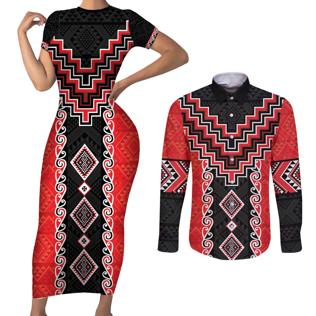 Red Niho Taniwha Mix Poutama Couples Matching Short Sleeve Bodycon Dress and Long Sleeve Button Shirt Unique Taniko Aotearoa LT01 Red - Polynesian Pride