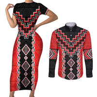 Red Niho Taniwha Mix Poutama Couples Matching Short Sleeve Bodycon Dress and Long Sleeve Button Shirt Unique Taniko Aotearoa LT01 Red - Polynesian Pride