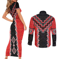 Red Niho Taniwha Mix Poutama Couples Matching Short Sleeve Bodycon Dress and Long Sleeve Button Shirt Unique Taniko Aotearoa LT01 - Polynesian Pride