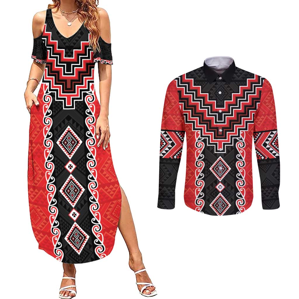Red Niho Taniwha Mix Poutama Couples Matching Summer Maxi Dress and Long Sleeve Button Shirt Unique Taniko Aotearoa LT01 Red - Polynesian Pride
