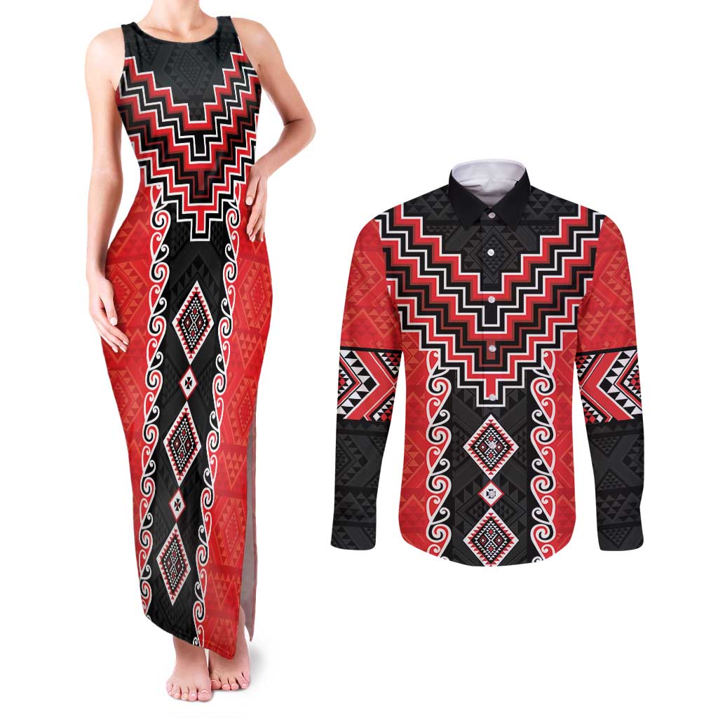 Red Niho Taniwha Mix Poutama Couples Matching Tank Maxi Dress and Long Sleeve Button Shirt Unique Taniko Aotearoa LT01 Red - Polynesian Pride