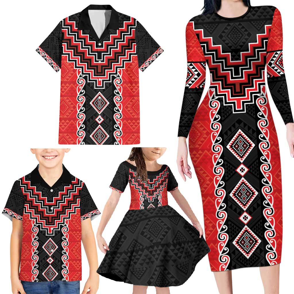 Red Niho Taniwha Mix Poutama Family Matching Long Sleeve Bodycon Dress and Hawaiian Shirt Unique Taniko Aotearoa LT01 - Polynesian Pride