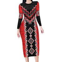 Red Niho Taniwha Mix Poutama Family Matching Long Sleeve Bodycon Dress and Hawaiian Shirt Unique Taniko Aotearoa LT01 Mom's Dress Red - Polynesian Pride