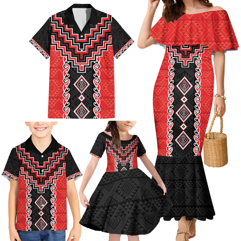 Red Niho Taniwha Mix Poutama Family Matching Mermaid Dress and Hawaiian Shirt Unique Taniko Aotearoa LT01 - Polynesian Pride