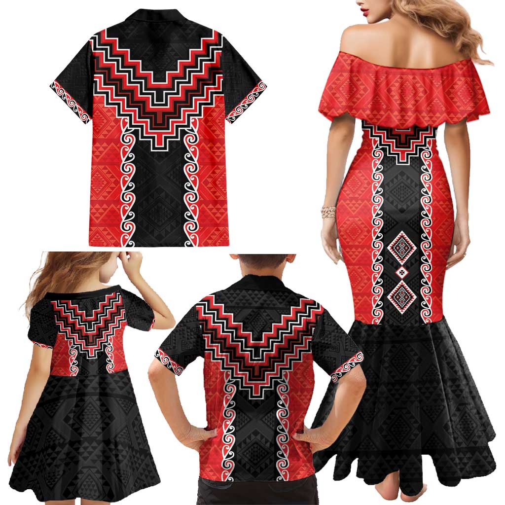 Red Niho Taniwha Mix Poutama Family Matching Mermaid Dress and Hawaiian Shirt Unique Taniko Aotearoa LT01 - Polynesian Pride
