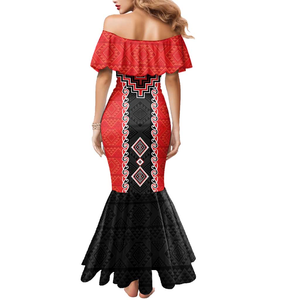 Red Niho Taniwha Mix Poutama Family Matching Mermaid Dress and Hawaiian Shirt Unique Taniko Aotearoa LT01 - Polynesian Pride