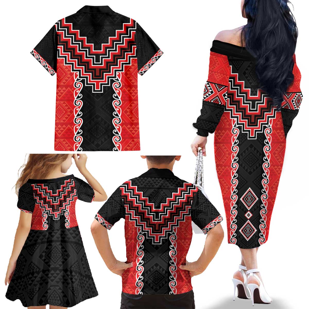 Red Niho Taniwha Mix Poutama Family Matching Off The Shoulder Long Sleeve Dress and Hawaiian Shirt Unique Taniko Aotearoa LT01 - Polynesian Pride