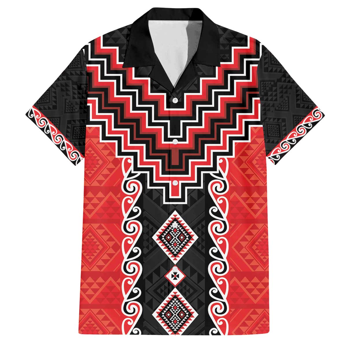 Red Niho Taniwha Mix Poutama Family Matching Off The Shoulder Long Sleeve Dress and Hawaiian Shirt Unique Taniko Aotearoa LT01 Dad's Shirt - Short Sleeve Red - Polynesian Pride