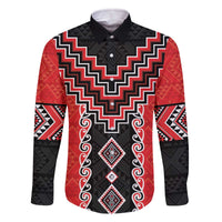Red Niho Taniwha Mix Poutama Family Matching Off The Shoulder Long Sleeve Dress and Hawaiian Shirt Unique Taniko Aotearoa LT01 Dad's Shirt - Long Sleeve Red - Polynesian Pride