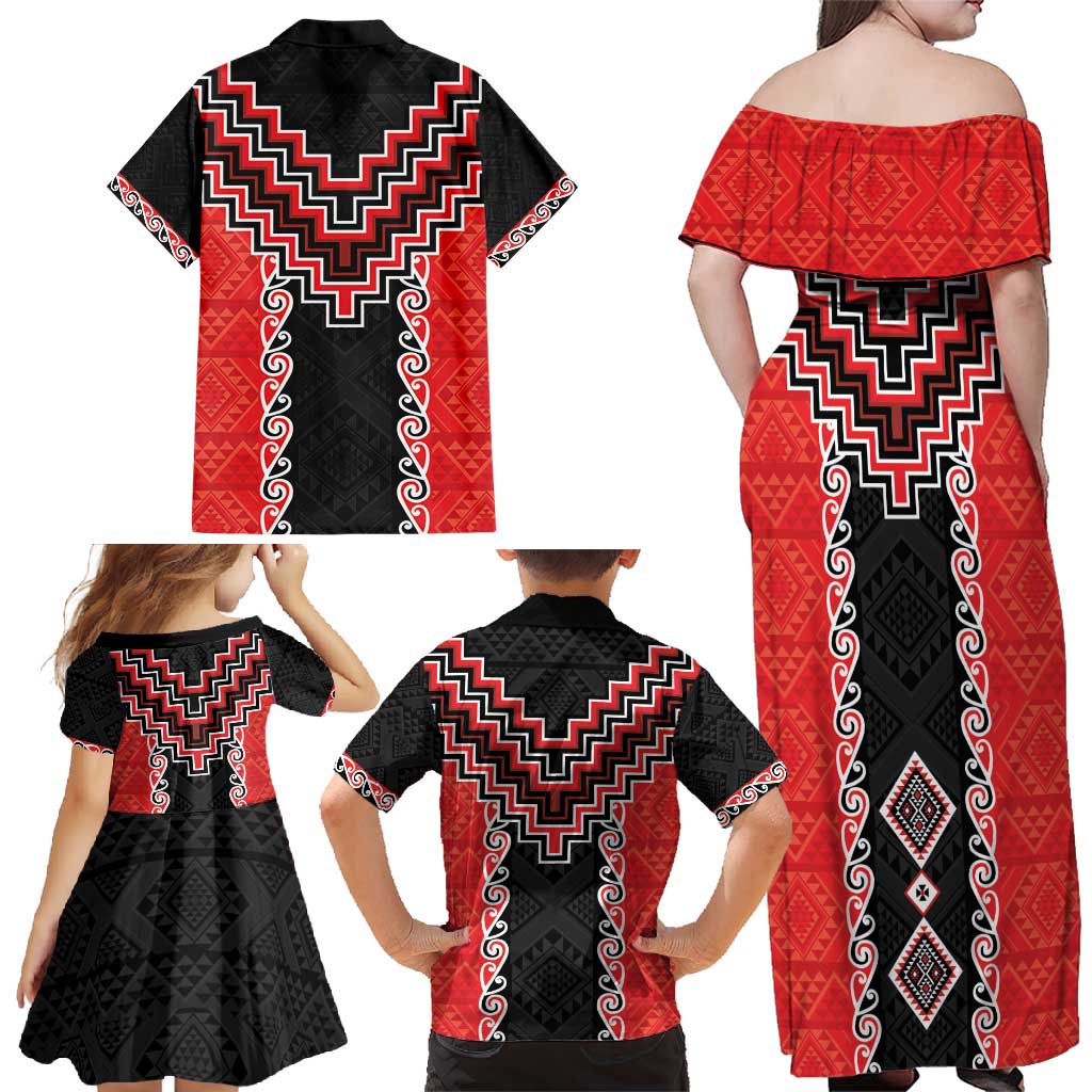 Red Niho Taniwha Mix Poutama Family Matching Off Shoulder Maxi Dress and Hawaiian Shirt Unique Taniko Aotearoa LT01 - Polynesian Pride