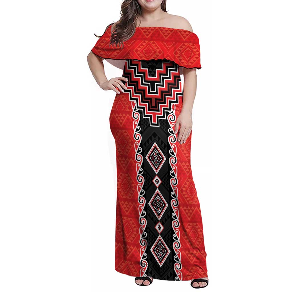 Red Niho Taniwha Mix Poutama Family Matching Off Shoulder Maxi Dress and Hawaiian Shirt Unique Taniko Aotearoa LT01 Mom's Dress Red - Polynesian Pride