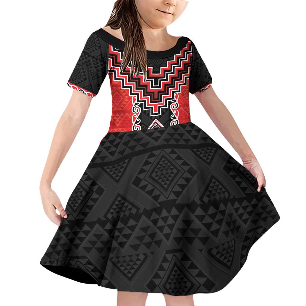 Red Niho Taniwha Mix Poutama Family Matching Off Shoulder Short Dress and Hawaiian Shirt Unique Taniko Aotearoa LT01 Daughter's Dress Red - Polynesian Pride