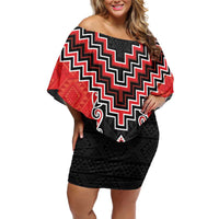 Red Niho Taniwha Mix Poutama Family Matching Off Shoulder Short Dress and Hawaiian Shirt Unique Taniko Aotearoa LT01 Mom's Dress Red - Polynesian Pride