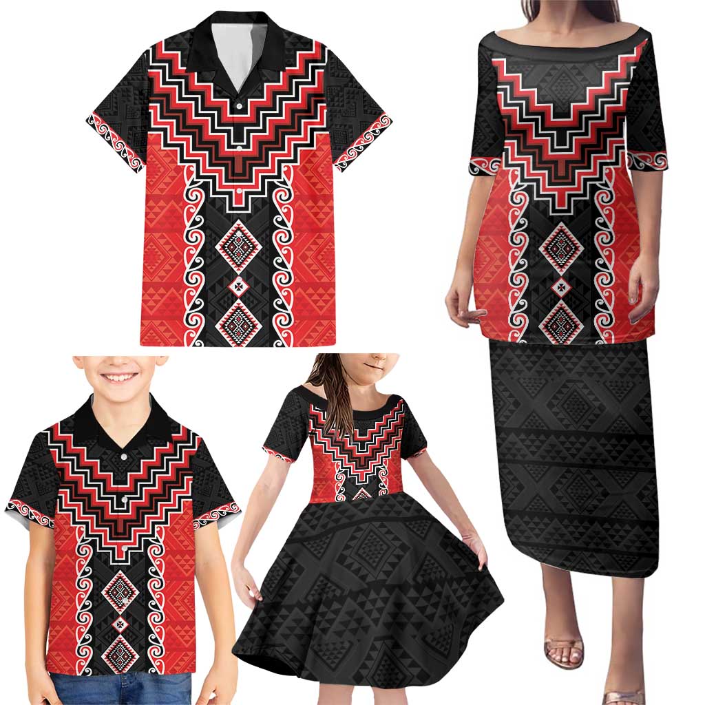 Red Niho Taniwha Mix Poutama Family Matching Puletasi and Hawaiian Shirt Unique Taniko Aotearoa