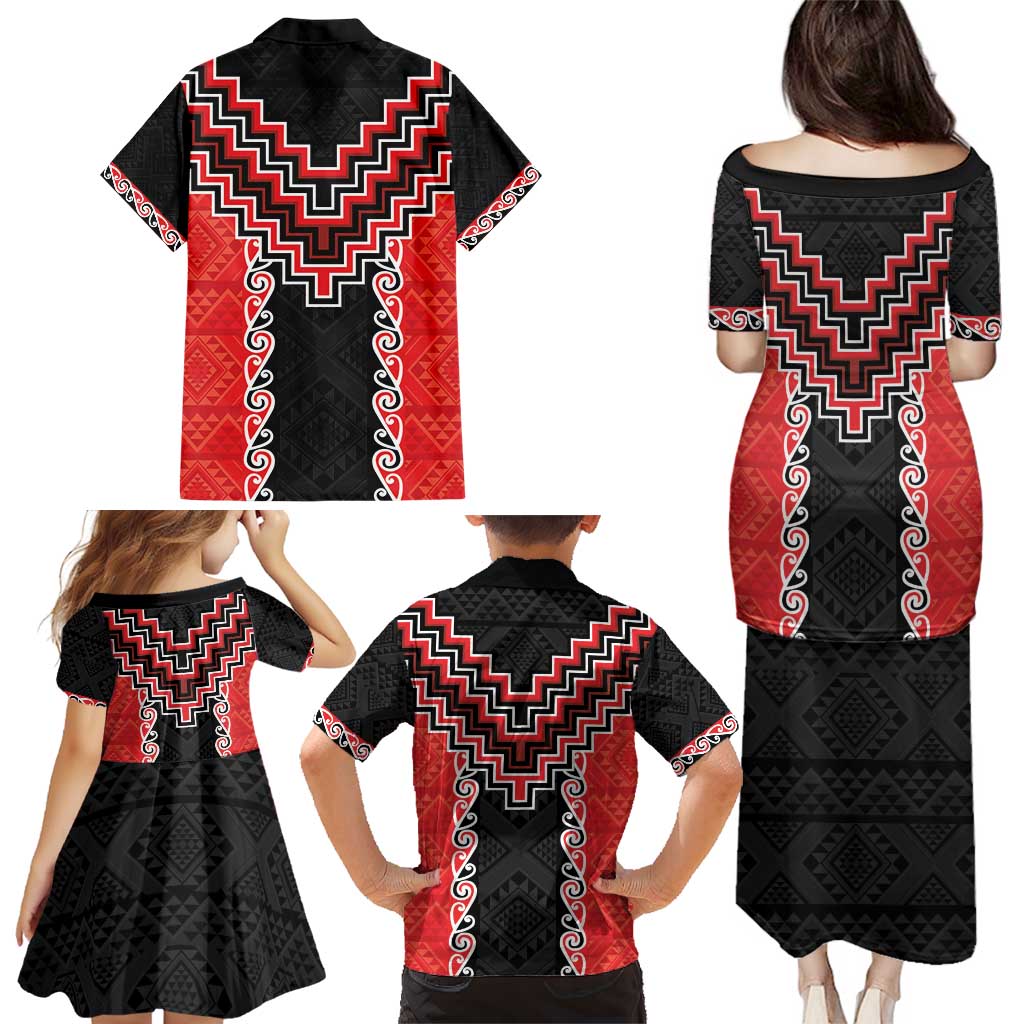Red Niho Taniwha Mix Poutama Family Matching Puletasi and Hawaiian Shirt Unique Taniko Aotearoa LT01 - Polynesian Pride