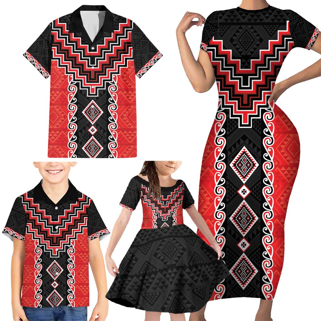 Red Niho Taniwha Mix Poutama Family Matching Short Sleeve Bodycon Dress and Hawaiian Shirt Unique Taniko Aotearoa LT01 - Polynesian Pride
