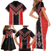 Red Niho Taniwha Mix Poutama Family Matching Short Sleeve Bodycon Dress and Hawaiian Shirt Unique Taniko Aotearoa LT01 - Polynesian Pride
