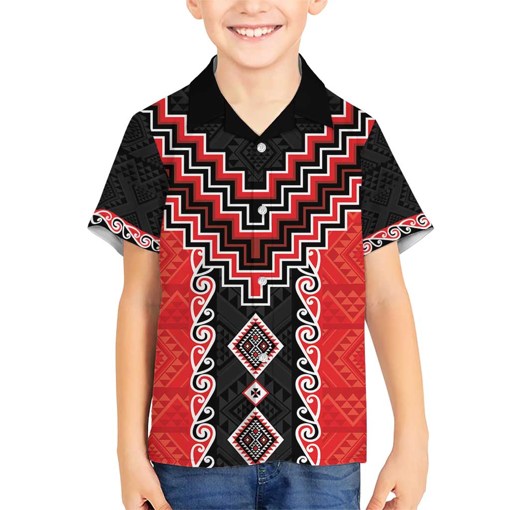 Red Niho Taniwha Mix Poutama Family Matching Short Sleeve Bodycon Dress and Hawaiian Shirt Unique Taniko Aotearoa LT01 Son's Shirt Red - Polynesian Pride