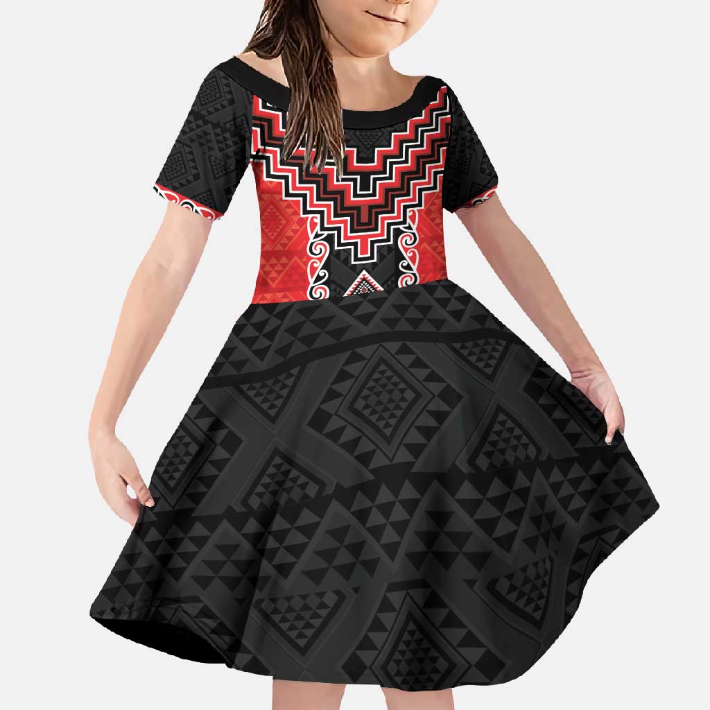 Red Niho Taniwha Mix Poutama Family Matching Summer Maxi Dress and Hawaiian Shirt Unique Taniko Aotearoa LT01 Daughter's Dress Red - Polynesian Pride