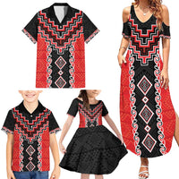 Red Niho Taniwha Mix Poutama Family Matching Summer Maxi Dress and Hawaiian Shirt Unique Taniko Aotearoa LT01 - Polynesian Pride