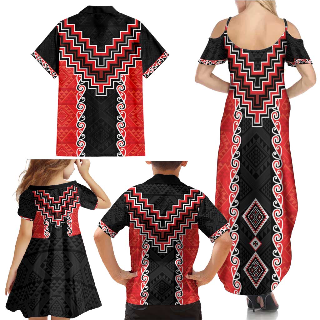 Red Niho Taniwha Mix Poutama Family Matching Summer Maxi Dress and Hawaiian Shirt Unique Taniko Aotearoa LT01 - Polynesian Pride