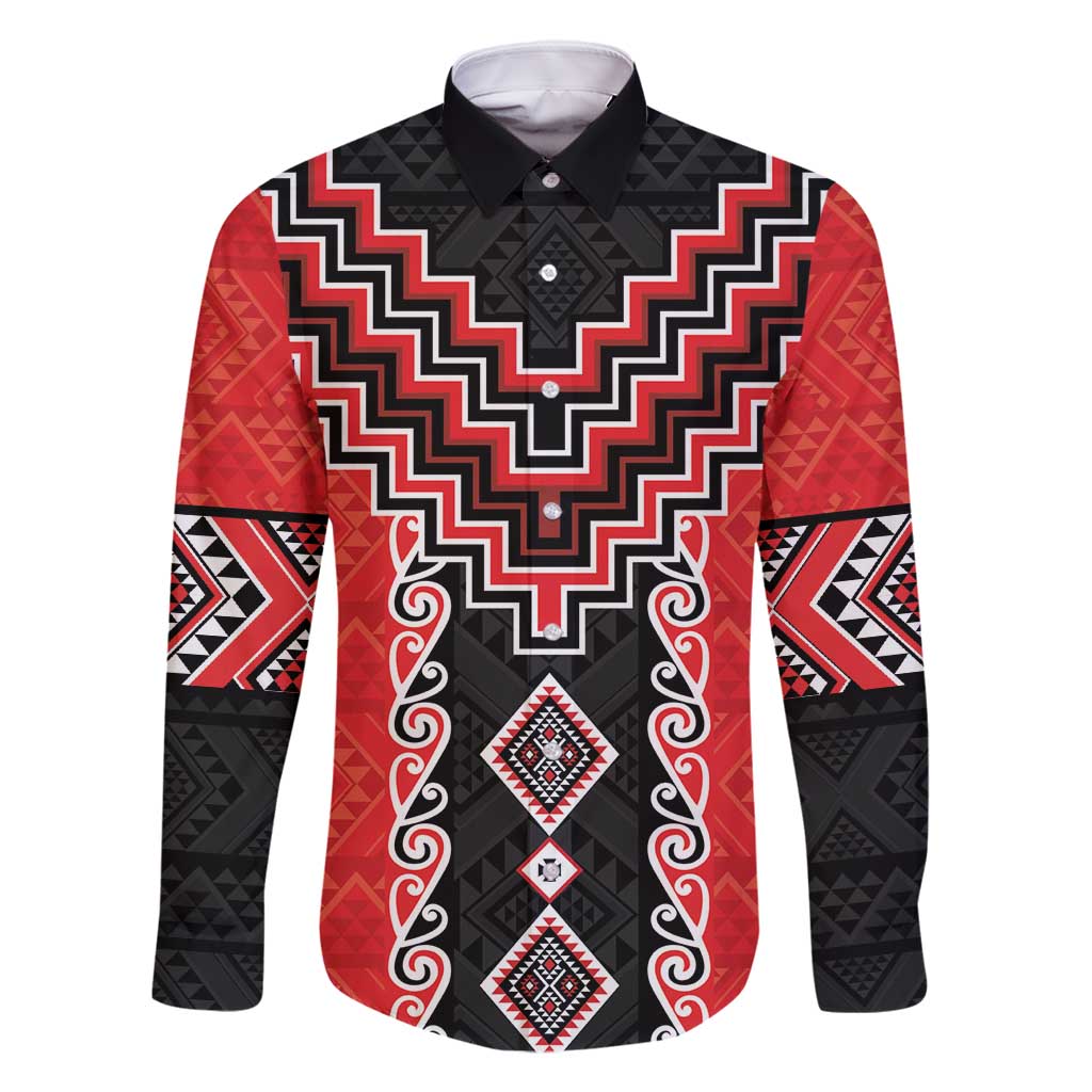 Red Niho Taniwha Mix Poutama Family Matching Summer Maxi Dress and Hawaiian Shirt Unique Taniko Aotearoa LT01 Dad's Shirt - Long Sleeve Red - Polynesian Pride