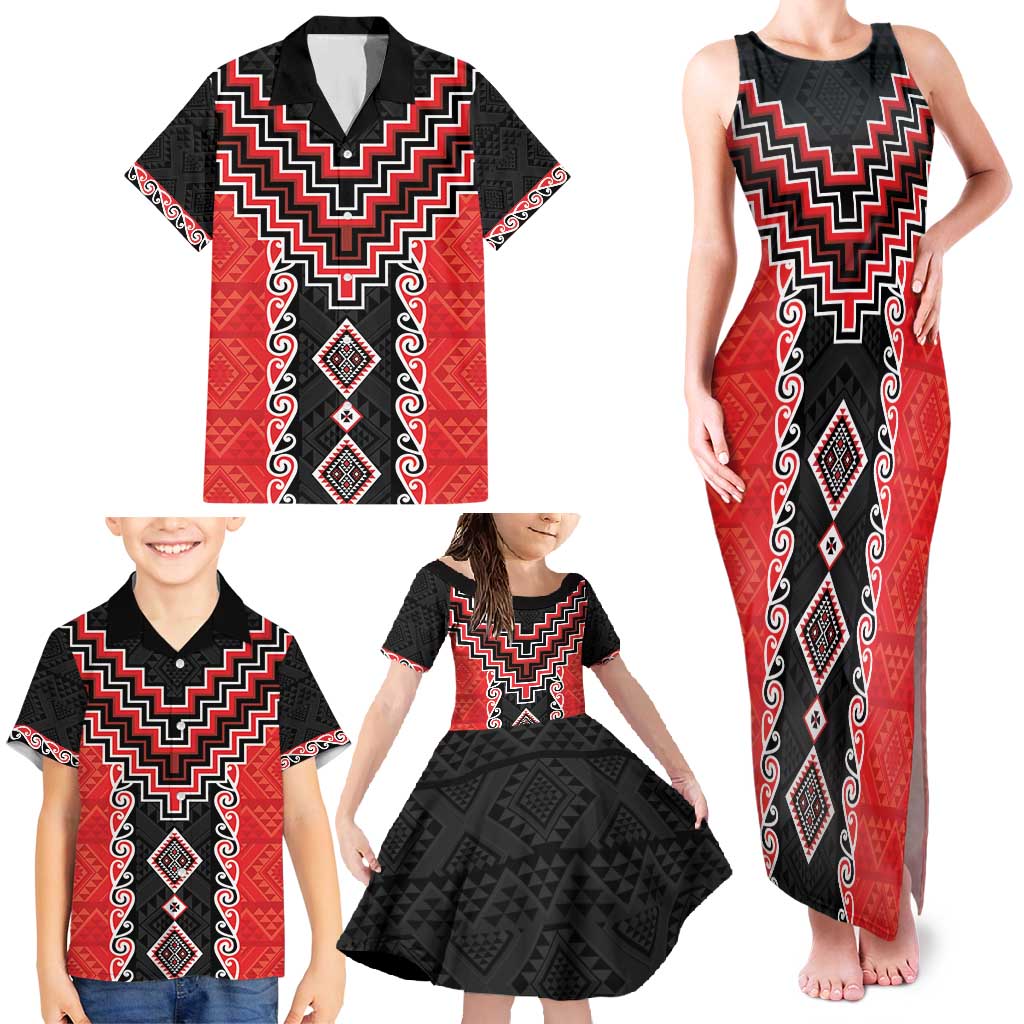 Red Niho Taniwha Mix Poutama Family Matching Tank Maxi Dress and Hawaiian Shirt Unique Taniko Aotearoa
