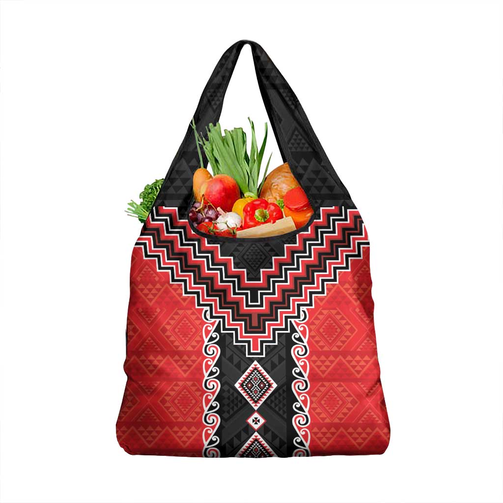 Red Niho Taniwha Mix Poutama Grocery Bag Unique Taniko Aotearoa