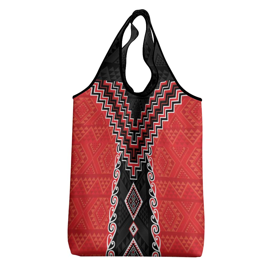 Red Niho Taniwha Mix Poutama Grocery Bag Unique Taniko Aotearoa