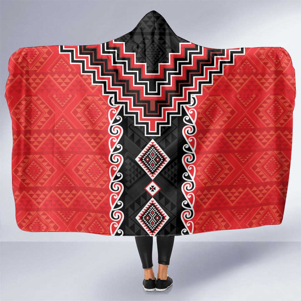 Red Niho Taniwha Mix Poutama Hooded Blanket Unique Taniko Aotearoa LT01 One Size Red - Polynesian Pride
