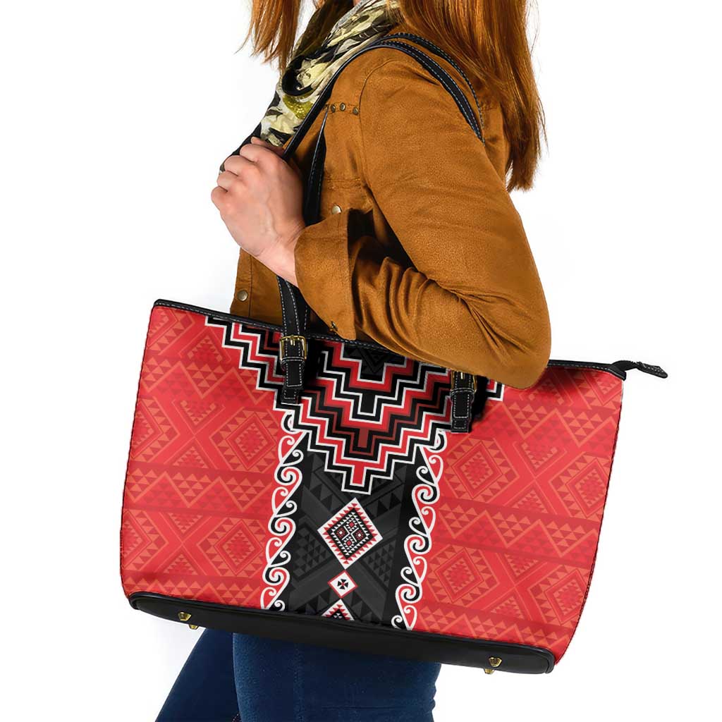Red Niho Taniwha Mix Poutama Leather Tote Bag Unique Taniko Aotearoa LT01 Red - Polynesian Pride