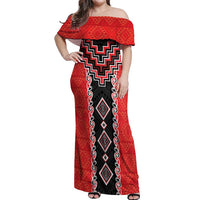 Red Niho Taniwha Mix Poutama Off Shoulder Maxi Dress Unique Taniko Aotearoa LT01 Women Red - Polynesian Pride