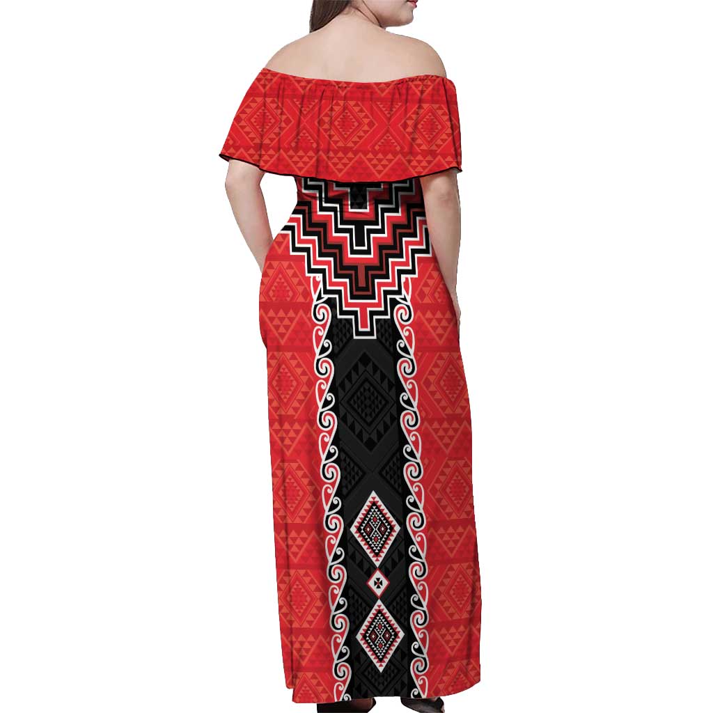 Red Niho Taniwha Mix Poutama Off Shoulder Maxi Dress Unique Taniko Aotearoa LT01 - Polynesian Pride