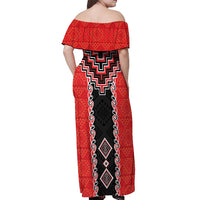 Red Niho Taniwha Mix Poutama Off Shoulder Maxi Dress Unique Taniko Aotearoa LT01 - Polynesian Pride