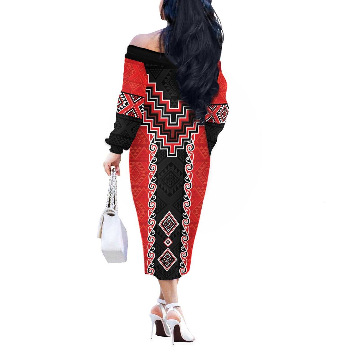 Red Niho Taniwha Mix Poutama Off The Shoulder Long Sleeve Dress Unique Taniko Aotearoa