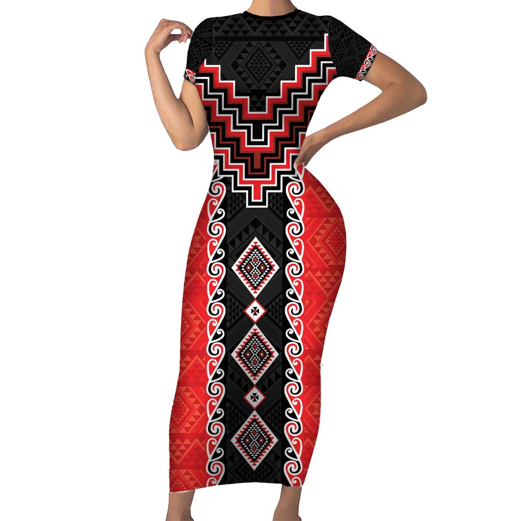 Red Niho Taniwha Mix Poutama Short Sleeve Bodycon Dress Unique Taniko Aotearoa LT01 Long Dress Red - Polynesian Pride