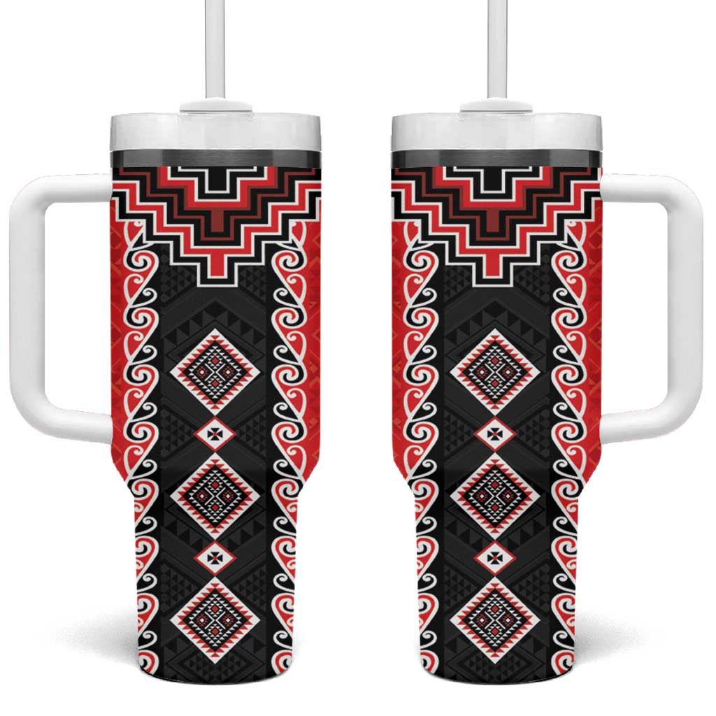 Red Niho Taniwha Mix Poutama Tumbler With Handle Unique Taniko Aotearoa LT01 One Size: 40 oz Red - Polynesian Pride