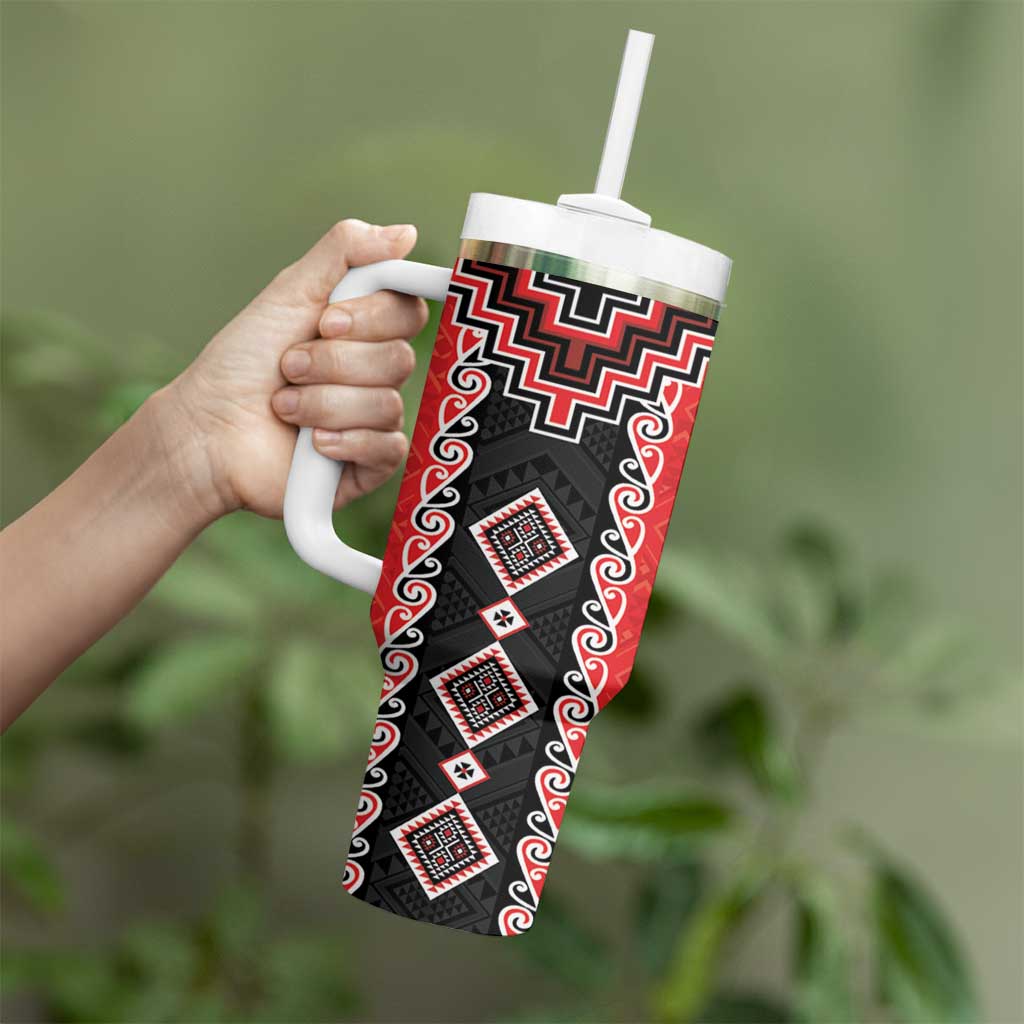 Red Niho Taniwha Mix Poutama Tumbler With Handle Unique Taniko Aotearoa LT01 - Polynesian Pride