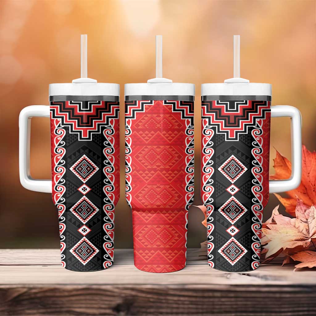 Red Niho Taniwha Mix Poutama Tumbler With Handle Unique Taniko Aotearoa LT01 - Polynesian Pride