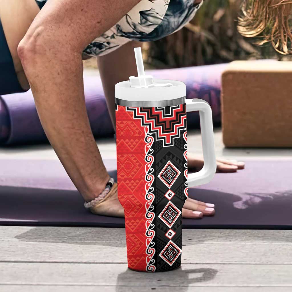 Red Niho Taniwha Mix Poutama Tumbler With Handle Unique Taniko Aotearoa LT01 - Polynesian Pride