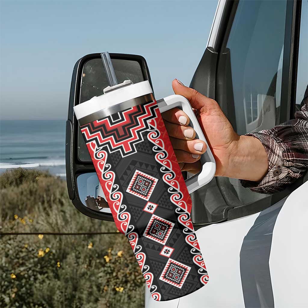 Red Niho Taniwha Mix Poutama Tumbler With Handle Unique Taniko Aotearoa LT01 - Polynesian Pride